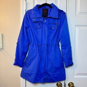 New York Yoki Women's Outerwear Hooded Jacket Size Sm Blue Full Zip Cinch Waist